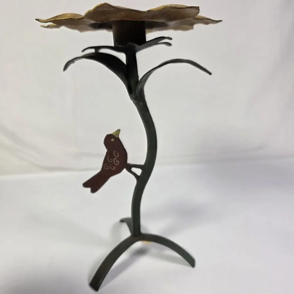 Vintage Midwest of Cannon Falls Sunflower Bird Metal Candle Holders Set 2